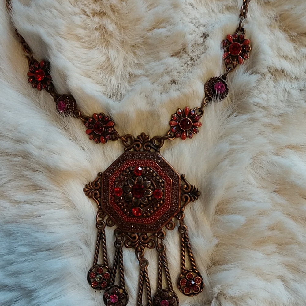 Bronze tone red jeweled Victorian drop necklace